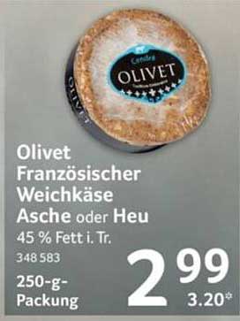 Olivet Französischer Weichkäse Asche oder Heu 45 % Fett i. Tr. 250-g-Packung