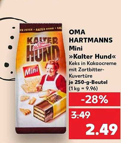 OMA HARTMANNS Mini »Kalter Hund« Kekse in Kakaocreme mit Zartbitter-Kuvertüre je 250-g-Beutel (1 kg = 9.96)