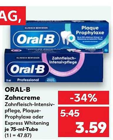 ORAL-B Zahncreme Zahnfleisch-Intensivpflege, Plaque-Prophylaxe oder Express Whitening je 75-ml-Tube (1 l = 47.87)
