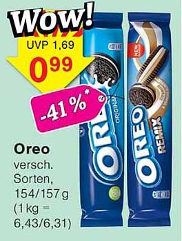 Oreo versch. Sorten, 154/157 g (1 kg = 6,43/6,31)