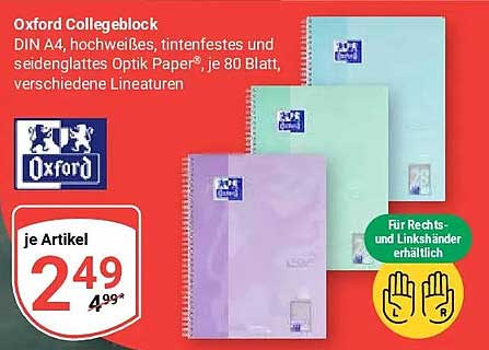 Oxford Collegeblock DIN A4, hochweißes, tintenfestes und seidenglattes Optik Paper®, je 80 Blatt, verschiedene Lineaturen