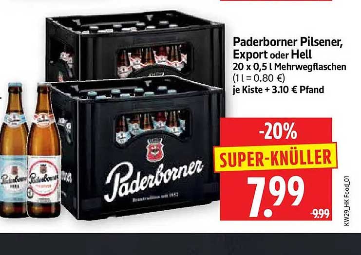 Paderborner Pilsener, Export oder Hell 20 x 0,5 l Mehrwegflaschen