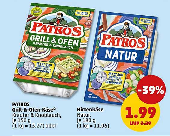 PATROS Grill-&-Ofen-Käse* Kräuter & Knoblauch, je 150 g (1 kg = 13.27) oder Hirtenkäse Natur, je 180 g (1 kg = 11.06)