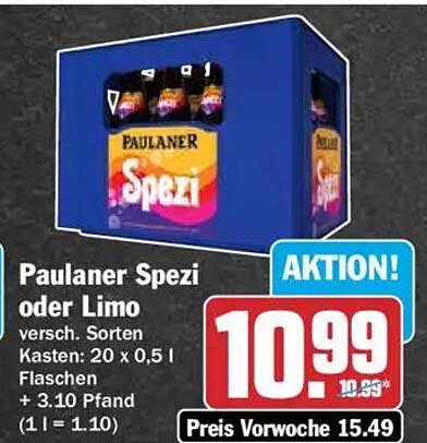 Paulaner Spezi oder Limo versch. Sorten Kasten: 20 x 0,5 l Flaschen + 3.10 Pfand (1 l = 1.10)