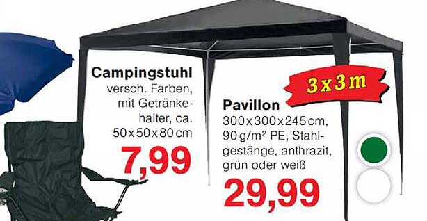 Pavillon 300 x 300 x 245 cm, 90 g/m² PE, Stahlgestänge, anthrazit, grün oder weiß