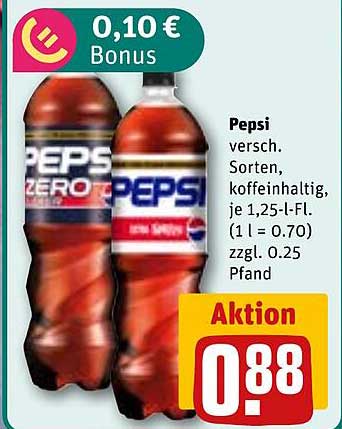 Pepsi versch. Sorten, koffeinhaltig, je 1,25-l-Fl. (1 l = 0.70) zzgl. 0.25 Pfand