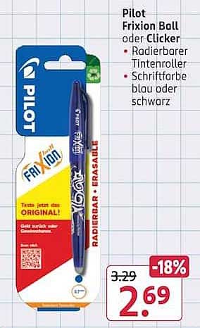 Pilot FriXion Ball oder Clicker • Radierbarer Tintenroller • Schriftfarbe blau oder schwarz