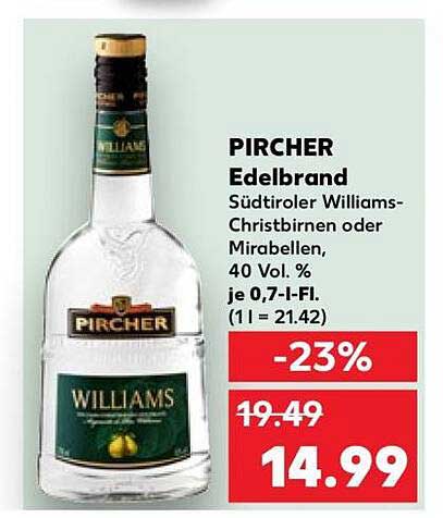 PIRCHER Edelbrand Südtiroler Williams-Christbirnen oder Mirabellen, 40 Vol. %, je 0,7-l-Fl. (1 l = 21.42)