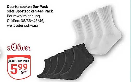 Quartersocken 5er-Pack oder Sportsocken 4er-Pack Baumwollmischung, Größen: 35/38–43/46, weiß oder schwarz