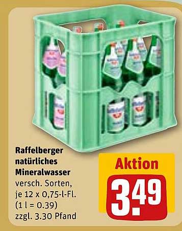 Raffelberger natürliches Mineralwasser versch. Sorten, je 12 x 0,75-l-Fl. (1 l = 0.39) zzgl. 3.30 Pfand