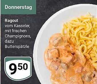 Ragout vom Kasseler, mit frischen Champignons, dazu Butterspätzle