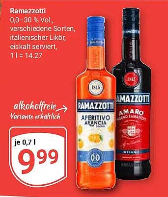 Ramazzotti 0,0–30 % Vol., verschiedene Sorten, italienischer Likör, eisgekalt serviert, 1 l = 14.27