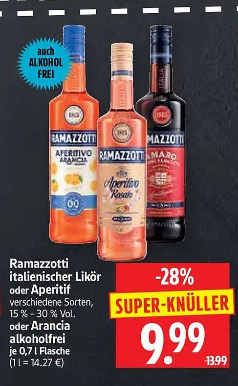 Ramazzotti italienischer Likör oder Aperitif verschiedene Sorten, 15 % - 30 % Vol. oder Arancia alkoholfrei je 0,7 l Flasche (1 l = 14.27 €)