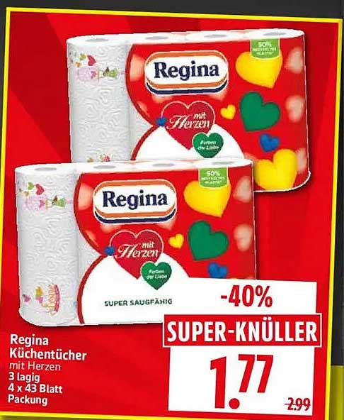 Regina Küchentücher mit Herzen 3 lagig 4 x 43 Blatt Packung