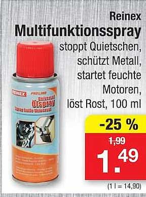 Reinex Multifunktionsspray stoppt Quietschen, schützt Metall, startet feuchte Motoren, löst Rost, 100 ml