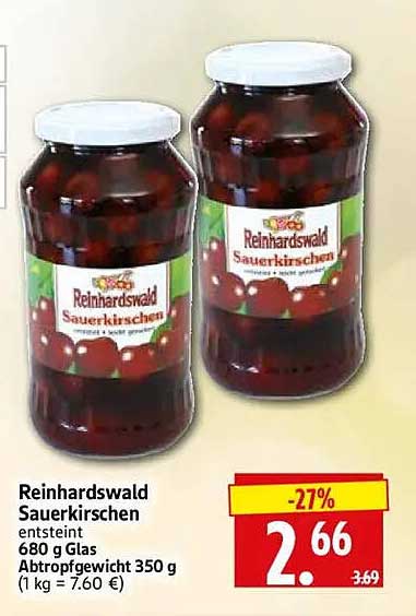 Reinhardswald Sauerkirschen entsteint 680 g Glas Abtropfgewicht 350 g (1 kg = 7.60 €)
