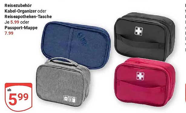 Reisezubehör Kabel-Organizer oder Reiseapotheken-Tasche Je 5.99 oder Passport-Mappe 7.99
