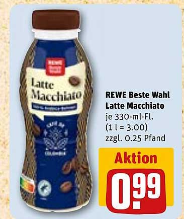 REWE Beste Wahl Latte Macchiato je 330-ml-Fl. (1 l = 3.00) zzgl. 0.25 Pfand Aktion