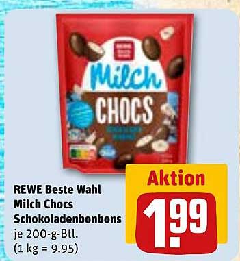 REWE Beste Wahl Milch Chocs Schokoladenbonbons je 200-g-Btl. (1 kg = 9.95)