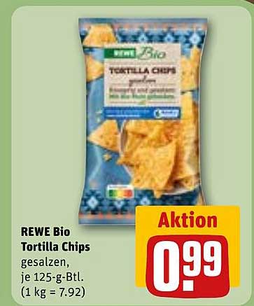 REWE Bio Tortilla Chips gesalzen, je 125-g-Btl. (1 kg = 7.92)