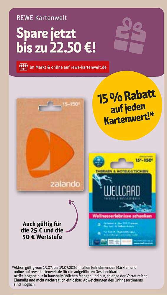 REWE Kartenwelt Spare jetzt bis zu 22.50 €! 15 % Rabatt auf jeden Kartenwert!*
