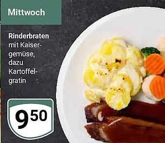Rinderbraten mit Kaisergemüse, dazu Kartoffelgratin