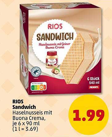 RIOS Sandwich Haselnusseis mit Buona Crema, je 6 x 90 ml (1 l = 3.69)