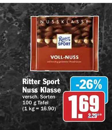 Ritter Sport Nuss Klasse versch. Sorten 100 g Tafel (1 kg = 16.90)