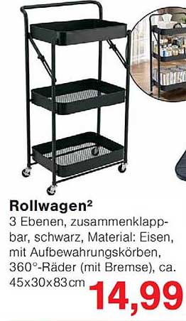 Rollwagen² 3 Ebenen, zusammenklappbar, schwarz, Material: Eisen, mit Aufbewahrungskörben, 360°-Räder (mit Bremse), ca. 45x30x83cm