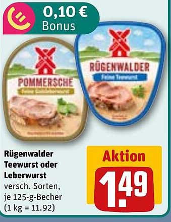 Rügenwalder Teewurst oder Leberwurst versch. Sorten, je 125-g-Becher (1 kg = 11,92)