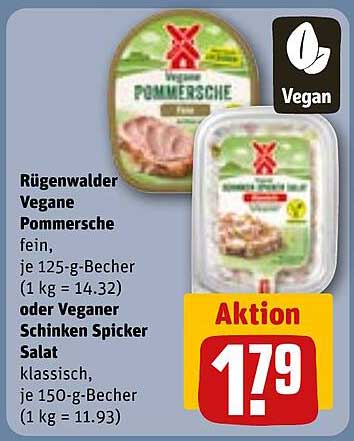 Rügenwalder Vegane Pommersche fein, je 125-g-Becher (1 kg = 14.32) oder Veganer Schinken Spicker Salat klassisch, je 150-g-Becher (1 kg = 11.93)