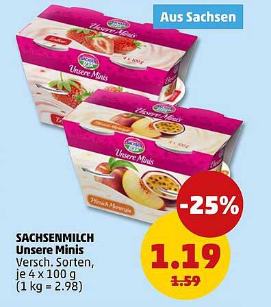 SACHSENMILCH Unsere Minis Versch. Sorten, je 4 x 100 g (1 kg = 2.98)
