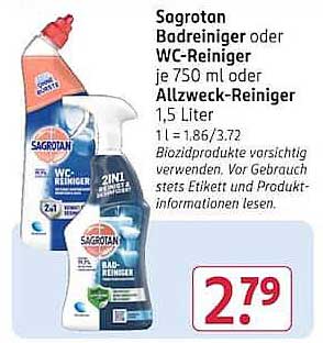 Sagrotan Badreiniger oder WC-Reiniger je 750 ml oder Allzweck-Reiniger 1,5 Liter 1 l = 1.86/3.72