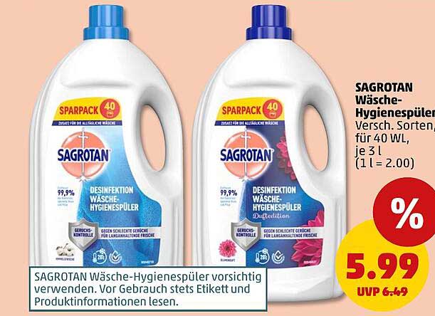 SAGROTAN Wäsche-Hygienespüler Versch. Sorten, für 40 WL, je 3 l