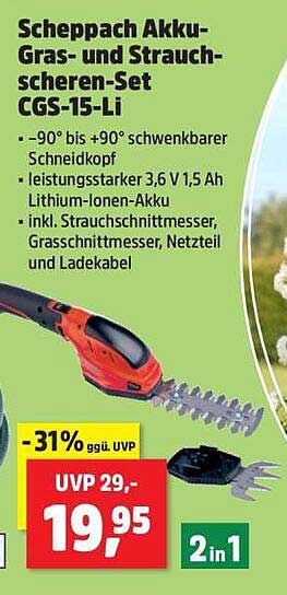 Scheppach Akku-Gras- und Strauchscheren-Set CGS-15-Li