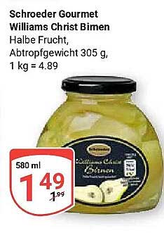 Schroeder Gourmet Williams Christ Birnen Halbe Frucht, Abtropfgewicht 305 g, 1 kg = 4.89