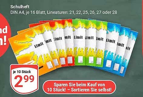 Schulheft DIN A4, je 16 Blatt, Lineaturen: 21, 22, 25, 26, 27 oder 28
