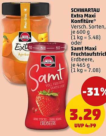 SCHWARTAU Extra Maxi Konfitüre* Versch. Sorten, je 600 g (1 kg = 5.48) oder Samt Maxi Fruchtaufstrich Erdbeere, je 465 g (1 kg = 7.08)