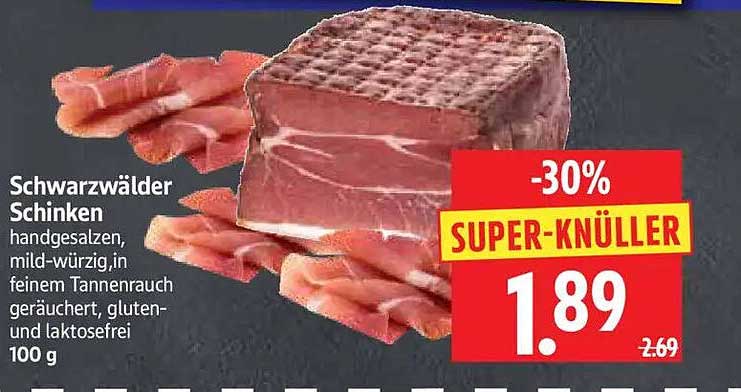 Schwarzwälder Schinken handgesalzen, mild-würzig, in feinem Tannenrauch geräuchert, gluten- und laktosefrei 100 g