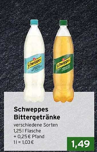 Schweppes Bittergetränke verschiedene Sorten 1,25 l Flasche + 0,25 € Pfand 1 l = 1,03 €