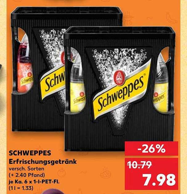 SCHWEPPES Erfrischungsgetränk versch. Sorten (+ 2.40 Pfand) je Ka. 6 x 1,1-PET-Fl. (1 l = 1,33)