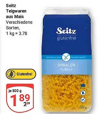 Seitz Teigwaren aus Mais Verschiedene Sorten. 1 kg = 3.78