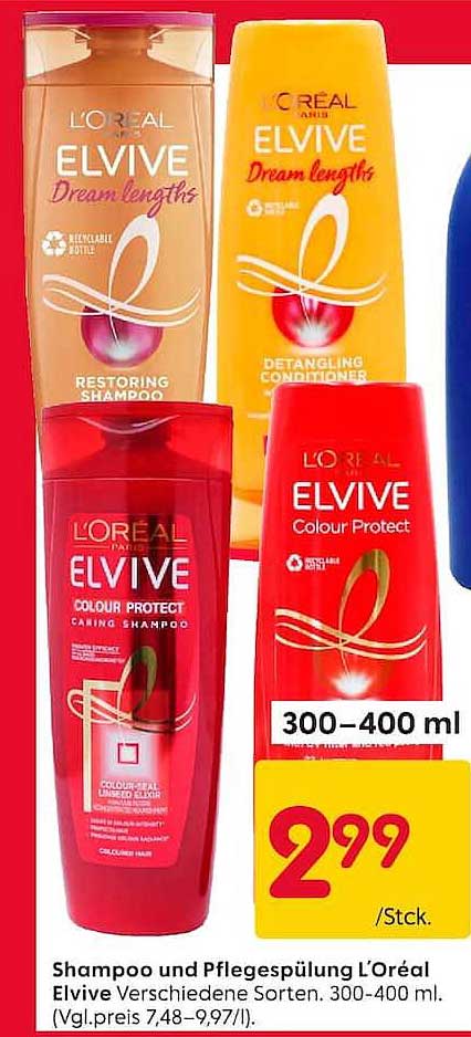 Shampoo und Pflegespülung L’Oréal Elvive Verschiedene Sorten. 300-400 ml. (Vgl.preis 7,48–9,97/l).