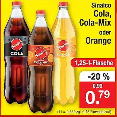 Sinalco Cola, Cola-Mix oder Orange 1,25-l-Flasche