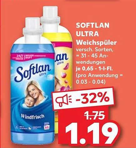 SOFTLAN ULTRA Weichspüler versch. Sorten, = 31 - 45 Anwendungen je 0.65 - 1l-Fl. (pro Anwendung = 0.03 - 0.04)