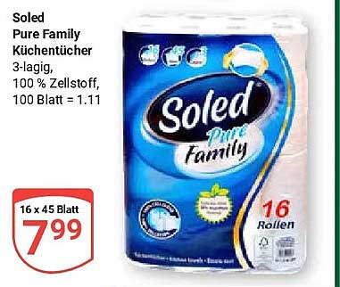 Soled Pure Family Küchentücher 3-lagig, 100 % Zellstoff, 100 Blatt = 1.11