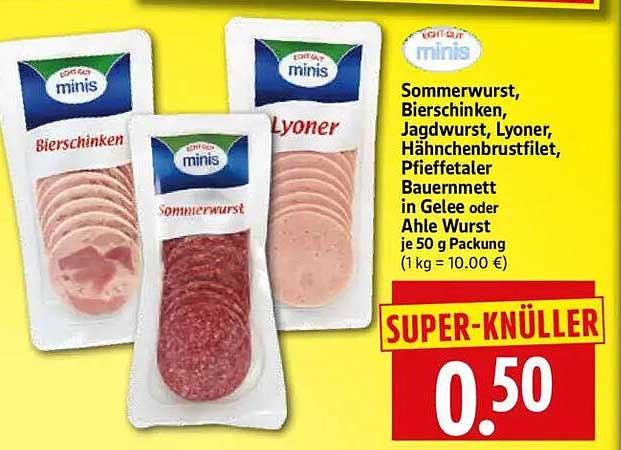 Sommerwurst, Bierschinken, Jagdwurst, Lyoner, Hähnchenbrustfilet, Pfefferataler Bauernmett in Gelee oder Ahle Wurst je 50 g Packung (1 kg = 10.00 €)