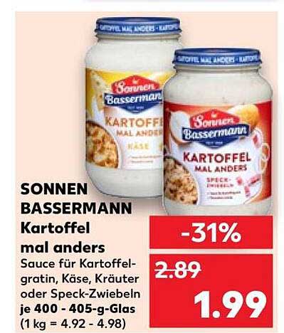 SONNEN BASSERMANN Kartoffel mal anders Sauce für Kartoffelgratin, Käse, Kräuter oder Speck-Zwiebeln je 400 - 405-g-Glas (1 kg = 4.92 - 4.98)