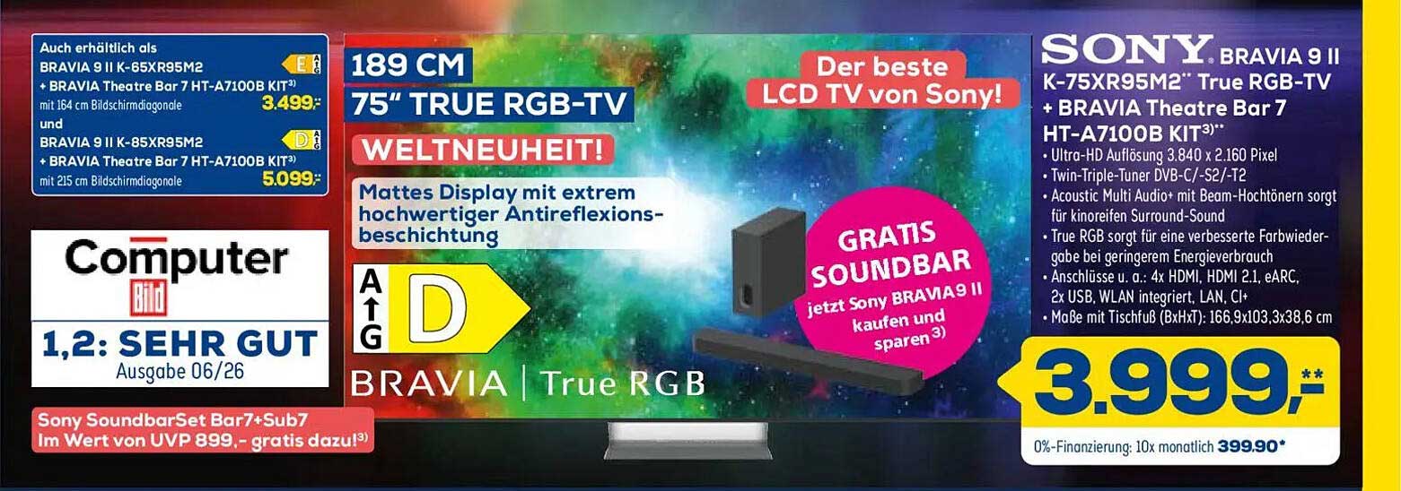 SONY BRAVIA 9 II K-75XR95M2* True RGB-TV + BRAVIA Theatre Bar 7 HT-A7100B KIT3**