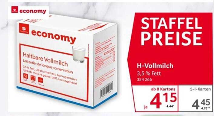 STAFFEL PREISE H-Vollmilch 3,5 % Fett 5-l-Karton